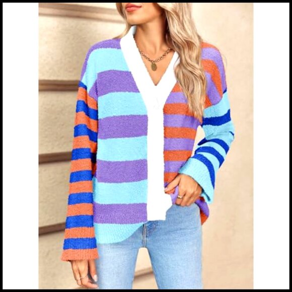 V-Neck Open Front Cardigan, Fuzzy Knit, Loose Fit, Long Sleeve, Button Up - Picture 2 of 7